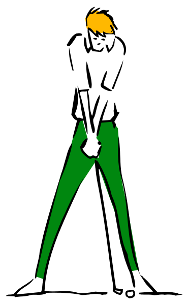 The image shows a person standing against a black background with their back to us; we can see that this individual is wearing green pants and has short hair.