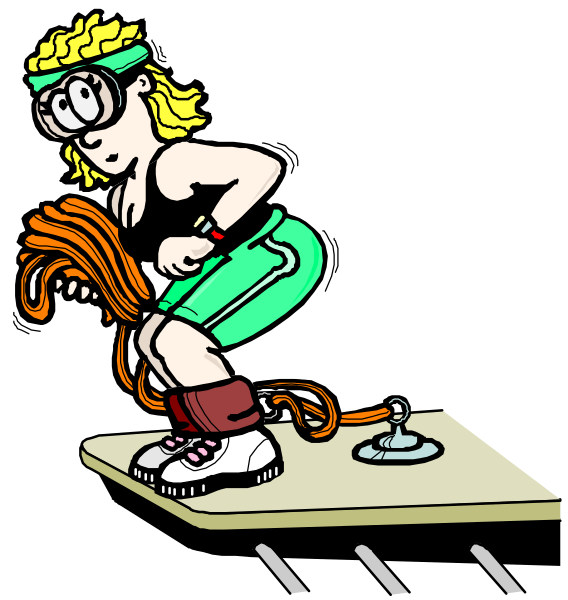 The cartoon depicts a woman on roller skis holding an orange extension cord while riding downhill with her hands outstretched for balance.