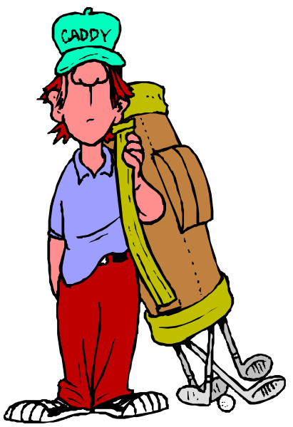 The cartoon shows a man holding an oversized golf club with his left hand while standing next to another person who is carrying two large bags of clubs on their shoulders; both characters appear surprised as if reacting to something unexpected, and there's no visible text in this image.