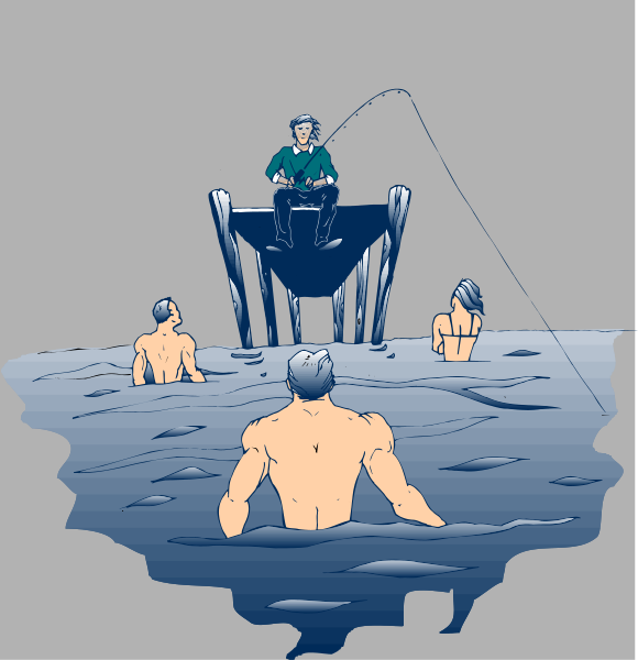 The illustration depicts a scene of three individuals fishing from an overturned boat on calm water with two fish visible in their vicinity; one person is standing inside while another sits outside holding onto something unseen, and there's no sign of any other objects or animals present within the frame.