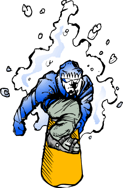 The image shows a cartoon of an animated character riding on top of what appears to be a surfboard with flames around it in mid-air against a dark background.