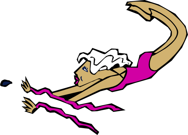 The image shows a cartoon of an older woman with white hair diving into water while wearing pink swimwear; she is depicted in mid-air above her head as if captured during motion.