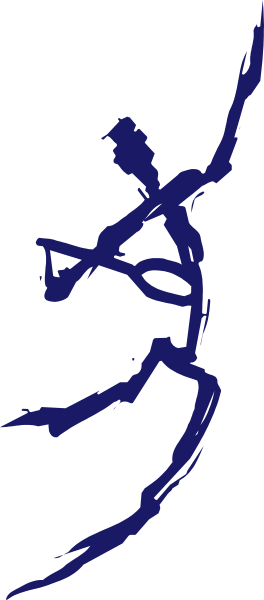The image shows a blue silhouette of an animal with its head turned to look back at another figure on what appears to be water against a gray background.