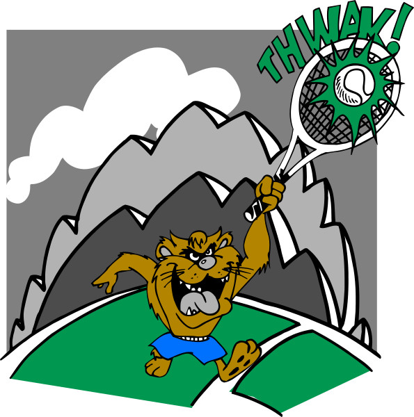 The image shows a cartoon of an animated character holding a tennis racket with exaggerated expressions on two panels: "Thwack!" in one panel where he is swinging at a sports ball that has just been hit, and "Whew! That was close" in another panel after the action.