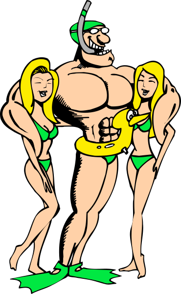 The illustration features a cartoon man with muscles flexed next to two women wearing bikinis; all three characters appear in front of an advertisement for beer featuring another woman holding up her top while standing on one leg, and there's also a depiction of a fish swimming near the bottom.