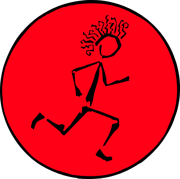 The image shows a red silhouette of an animated character running with two circular icons above it; each icon contains another smaller figure that appears to be in motion as well. There is no text present on this clip-art image, and all elements within it seem static without any additional context provided by the surrounding content or background information. The style suggests a simple graphic design commonly used for various purposes such as stickers, icons, or decorative embellishments to convey motion through silhouettes of running figures.