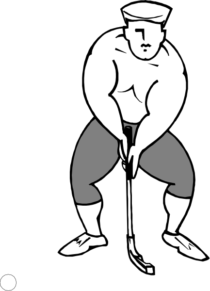 The black and white illustration shows a man playing golf with his back to us; he is holding two clubs simultaneously while bending over slightly in an attempt at swinging them both together.