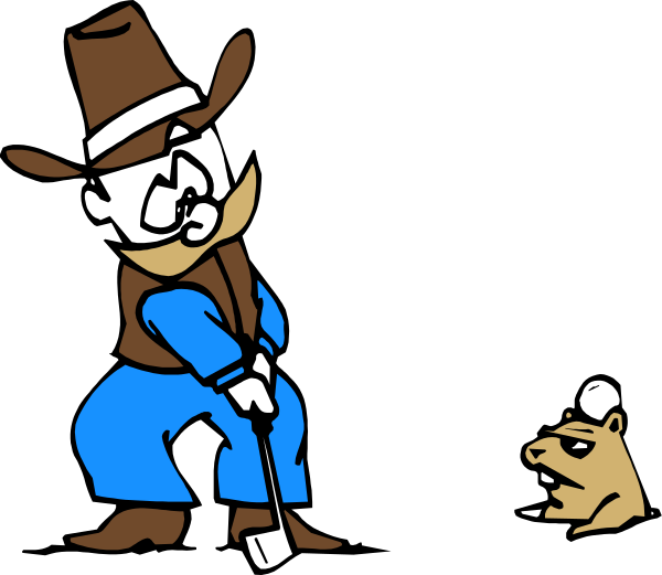 The cartoon depicts a man playing golf with an animated character that resembles a dog standing on its hind legs holding a club in one hand while wearing blue overalls; another figure is depicted as if it's running away from them, and there appears to be some kind of animal or creature following the characters.