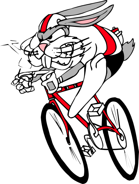 The image shows a cartoon rabbit riding an adult bicycle with its ears flapping as if it's racing downhill at high speed on what appears to be a dark background.