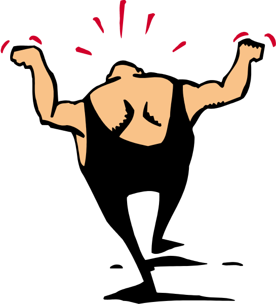 The image shows a black silhouette of an animated character with exaggerated muscles flexing its arms upwards against a white background.