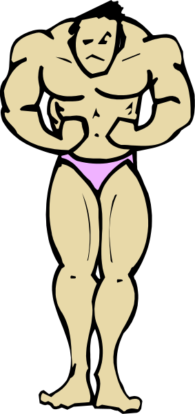 The image shows a cartoon of an exaggeratedly muscular man with his arms crossed over his chest standing against a black background.
