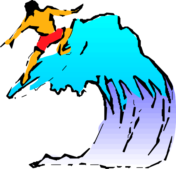 The image shows a stylized graphic of two surfers riding waves on surfboards with blue water backgrounds; there is no text present in this clip-art illustration.