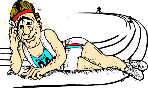 The black and white illustration shows a person lying on their stomach with hands clasped behind head, appearing exhausted after an athletic event like running; in background is another figure standing upright holding what looks to be a trophy.