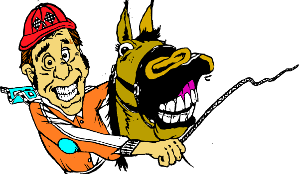 The image shows a cartoon of an animated man riding on top of a horse with its mouth open wide as if it's neighing loudly; both characters appear to be in motion against a dark background.