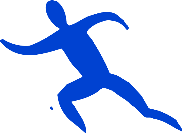 The image shows a blue silhouette of an athlete running with their arms outstretched against a white background.
