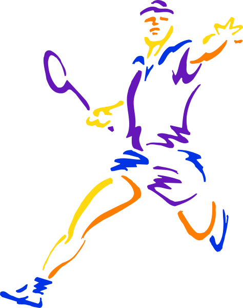 The image shows a colorful illustration of an athlete playing tennis on what appears to be a court with lines indicating boundaries for play; there is no text present in this clip-art depiction.
