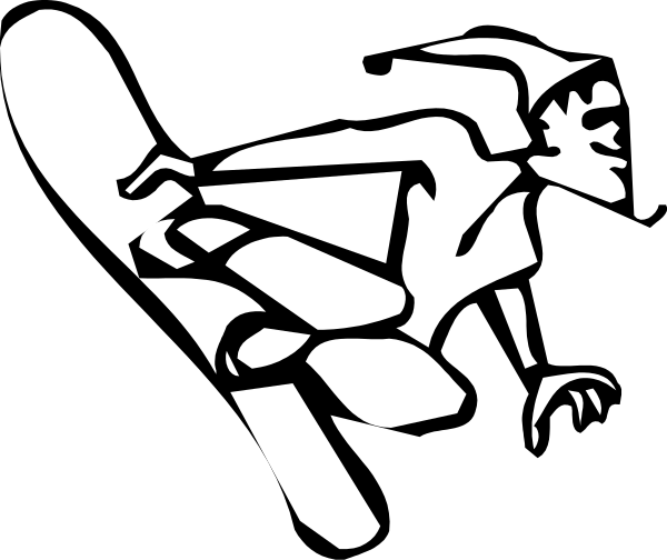 The black and white silhouette of a person on skis with outstretched arms against an unseen background.