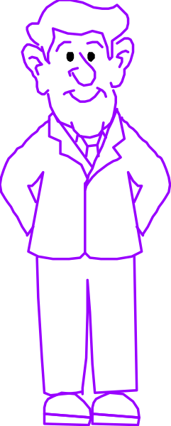 The image shows a black and white line drawing of an adult male figure standing upright with his arms at sides against a gray background.