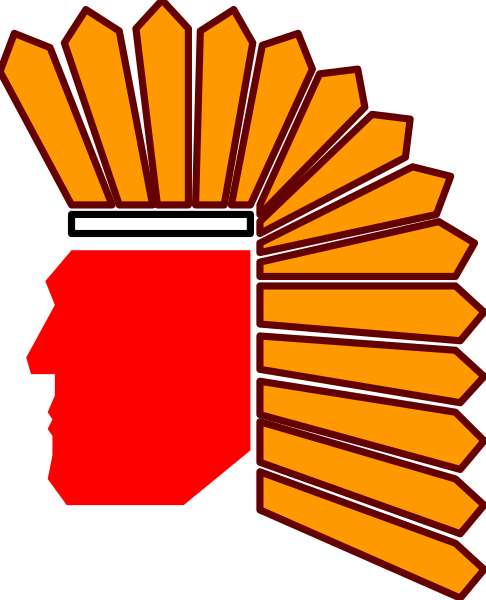 The logo features a stylized red Indian head with an orange headdress on top of it against a white background.