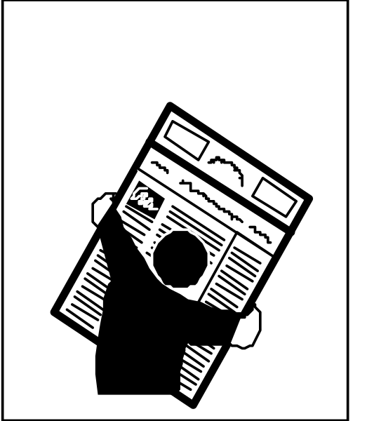 The black and white illustration shows a person holding up an open newspaper with both hands at chest level against their body; there is no background detail provided in this image snippet.