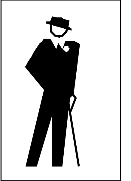 The black and white silhouette of a man holding a cane standing next to an arrow pointing left on what appears to be a signpost with stripes at its base.