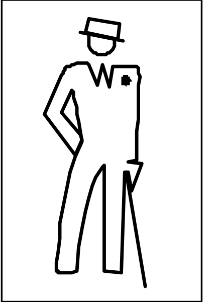 The black and white line drawing shows a man standing upright with his hands on hips; he is wearing a suit and tie, has a cane in one hand, and appears to be looking off into distance.