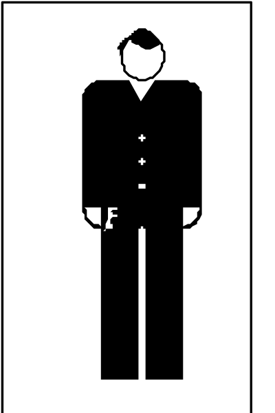 The image shows a black and white silhouette of an adult male figure standing upright with arms at sides against a plain background.
