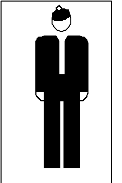 The image shows a black silhouette of an adult male figure standing upright with arms at sides against a white background on left side; right side has two vertical stripes in darker shades creating contrast between them and no other objects, people, animals, or actions depicted within this small clip-art.