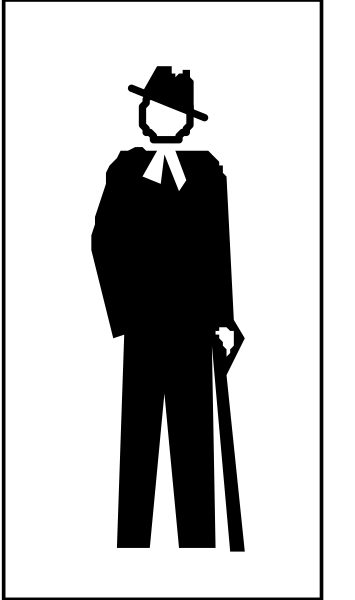 The black and white silhouette of a man standing next to another figure that appears to be holding an umbrella in front of them; both figures have hats on their heads.