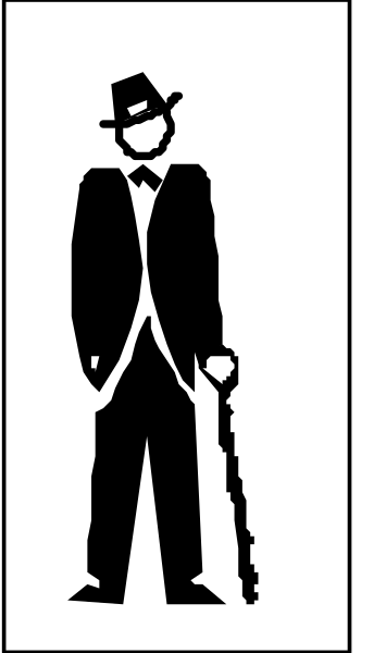 The black and white silhouette of a man holding an umbrella standing next to another figure that appears to be walking away from him in front of what looks like a building with columns on either side.