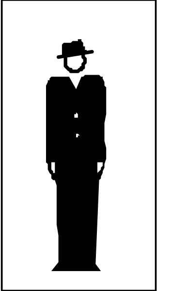 The image shows a black silhouette of an adult male figure standing next to another smaller humanoid shape that appears to be wearing sunglasses on its face; both figures have stick arms attached at their sides, and there is no background detail visible in this cropped section from what seems like the lower part of a larger graphic.