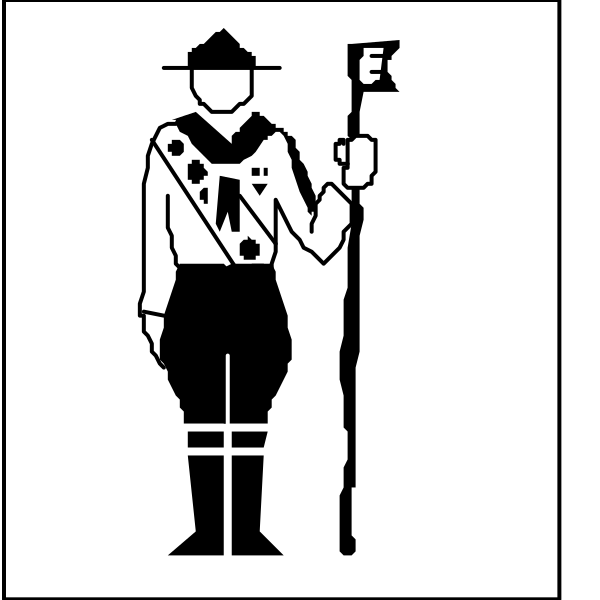 The image shows a black and white illustration of two scenes: on top is an adult figure holding what appears to be a rifle with bayonet attached; below it is another scene featuring a younger person in uniform, possibly representing scouting attire from past eras or historical contexts, standing next to the same emblem.