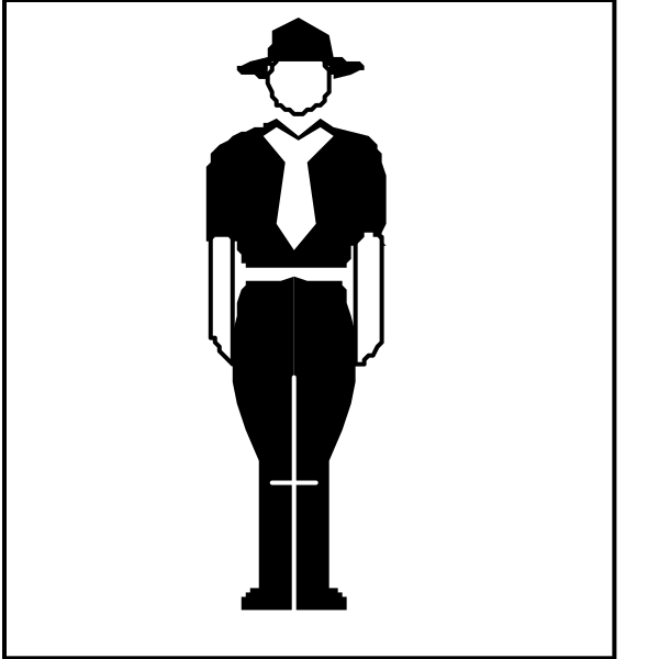 The image shows a black silhouette of an adult male figure standing upright with his hands at sides against a white background; below this is another smaller icon depicting two figures in profile facing each other from behind, one wearing pants and boots while holding what appears to be a rifle or gun horizontally across the body.
