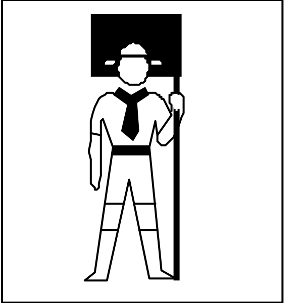 The image shows a black and white illustration of two figures: on top is an adult figure holding up what appears to be a sign with text that reads "SCOUT," indicating it's related to scouting, while below this person stands another smaller figure wearing shorts and boots, also carrying the same type of flag or banner. The setting seems minimalistic without any background details provided in the image itself.