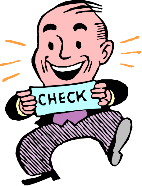 The cartoon shows a man holding up an "I'm Checked" sign with his right hand while standing on tiptoe to emphasize it.