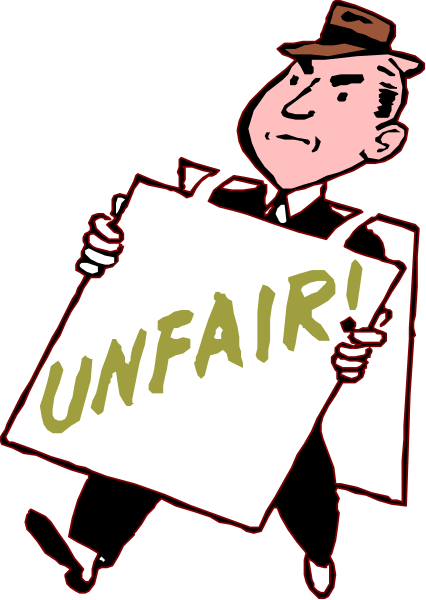 The cartoon shows a man holding up an "unfair" sign with his other hand on hip while standing against black background.