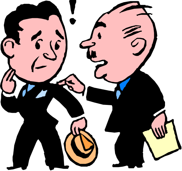 The cartoon shows three men engaged in a conversation; two of them appear to be listening intently while another is speaking with his hand on hip gesturing towards one man's face as if emphasizing something he said, and all have serious expressions.