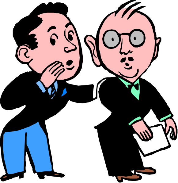 The image shows a cartoon of two men standing next to each other with exaggerated facial expressions; on the left is an older man wearing glasses who appears surprised by something he's holding in his hand, while beside him stands another younger-looking man looking at them both and gesturing as if speaking. They are dressed formally, suggesting a professional or formal setting like a business meeting or event.