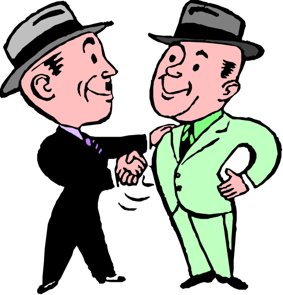 The image shows a black and white cartoon of two men shaking hands with each other; both characters appear to be dressed in suits from different eras: one is wearing 1950s attire, while the other has more modern clothing. They seem to be engaged in conversation or an agreement. There are no visible texts on this image. The style suggests a vintage comic strip influence with exaggerated facial features and expressions typical of classic cartoon art styles from mid-20th century illustrations.