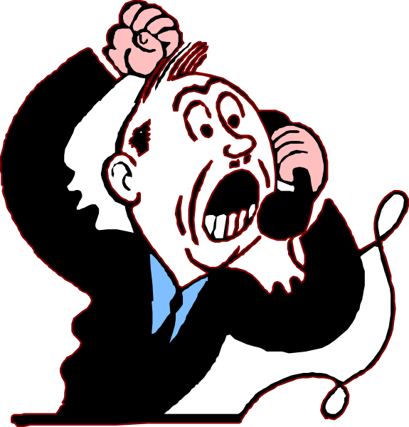 The image shows a cartoon of two men with exaggerated facial expressions; on the left is an angry man holding his head in frustration while talking into a phone that's connected to him by wires from behind, and on the right is another man looking surprised or shocked as he holds up one hand.