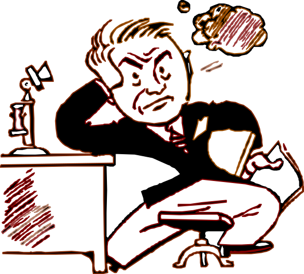 The image shows a cartoon of an office worker sitting at his desk with papers scattered around him; he appears to be deep in thought while looking downward towards them.