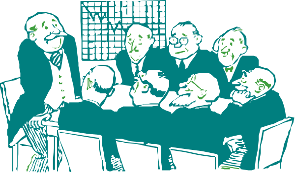 The image shows a group of animated characters sitting around a table with papers on it; there is an adult male character standing at one end who appears to be speaking while gesturing towards another figure seated across from him, and other figures attentively listen in what seems like a formal or professional setting that could represent a board meeting.