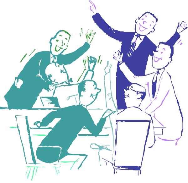 The image shows a group of cartoon characters that appear to be business professionals celebrating at an office party with drinks raised in their hands; one character is standing on top of another chair while others look surprised or confused, all set against a dark background.
