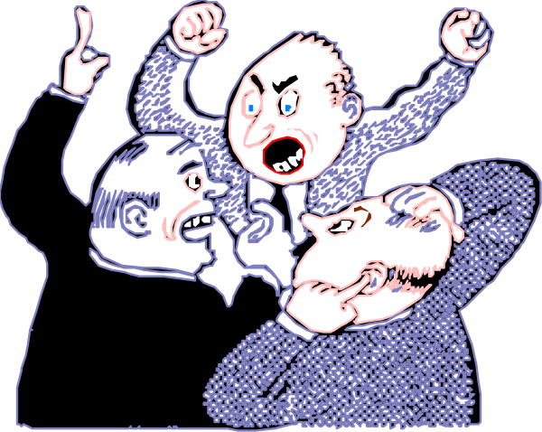 The black and white cartoon shows three men engaged in a heated conversation with exaggerated facial expressions; two of them appear to be arguing while one is listening intently.