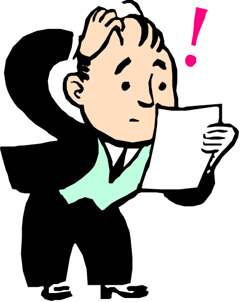 The cartoon shows a man with his hand on his chin looking at something off to the side while holding an open book in front of him; he is wearing glasses and has short hair.