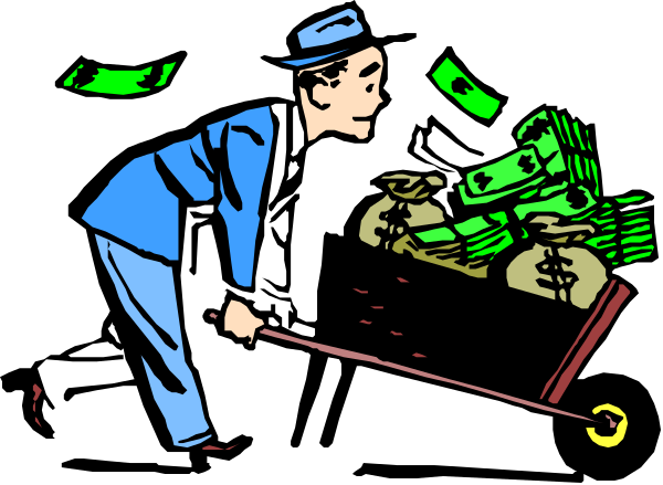 The black and white cartoon depicts a man dressed as Sherlock Holmes leaning over an open briefcase filled with money while holding his magnifying glass to examine it closely.