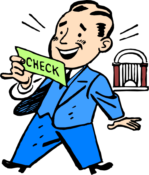The illustration shows a cartoon of an animated man dressed as a businessman holding up his hand with fingers crossed over a sign that reads "CHECK." He is standing in front of what appears to be a building, and there's another figure behind him who seems to have been cut off from the image.