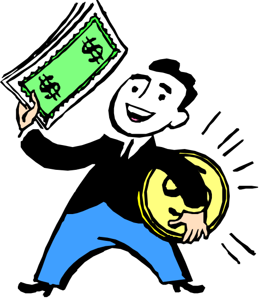 The cartoon shows a person holding money bags with their right hand while pointing to them with their left hand; there is no text present in this image.