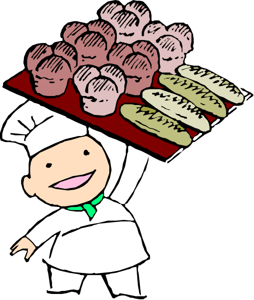 The cartoon shows a chef with an exaggeratedly large tray of baked goods on their head, including muffins and sandwiches; there's also another smaller plate in front containing more food items like cakes and pastries.