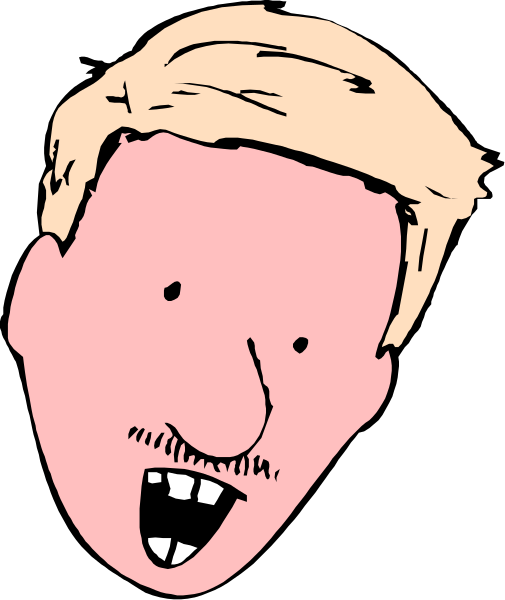 The image shows a cartoon of an adult male with blonde hair wearing glasses, smiling broadly at something off-camera to his right side in front of him.